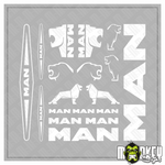 Lade das Bild in den Galerie-Viewer, Aufkleber Set MAN LKW 1:14 Tamiya Truck 18-teilig Emblem Logo Sticker weiß Modellbau Beschriftung
