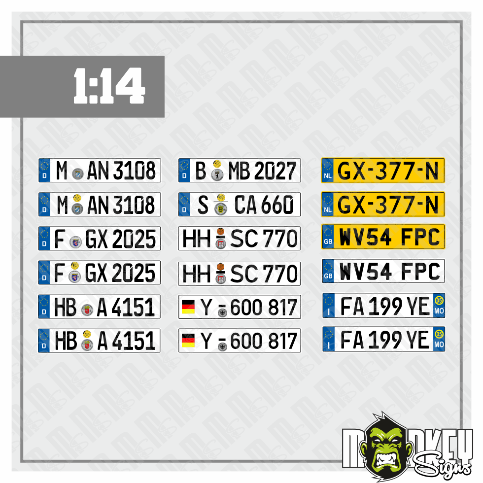 Nummernschilder 1:14 Modellbau Aufkleber – 8 Paar Kennzeichen Set - 18 Tamiya