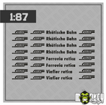 Lade das Bild in den Galerie-Viewer, Mehrteiliges Set Schweiz Rhätische Bahn schwarz Beschriftung Decals 1:87 Spur H0 Modellbau Beschriftung
