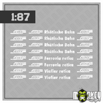 Lade das Bild in den Galerie-Viewer, Mehrteiliges Set Schweiz Rhätische Bahn weiss Beschriftung Decals 1:87 Spur H0 Modellbau Beschriftung
